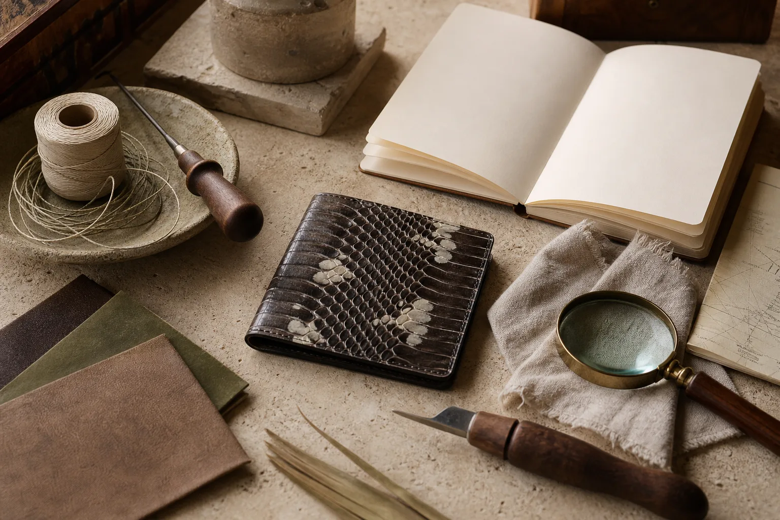 Cobra leather wallet arranged on an artisan's worktable