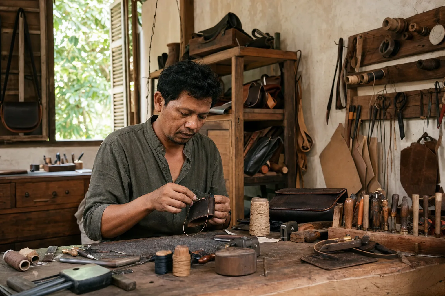 Indonesian artisan hand-stitching leather in a workshop