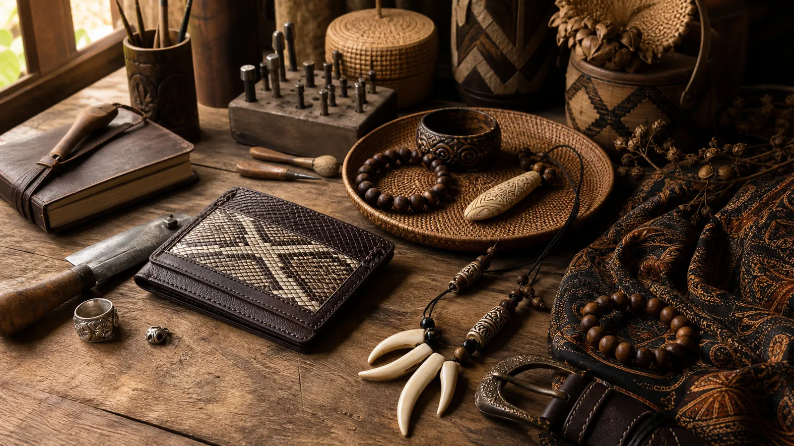 Handmade Indonesian artisan workbench with natural accessories and craft tools