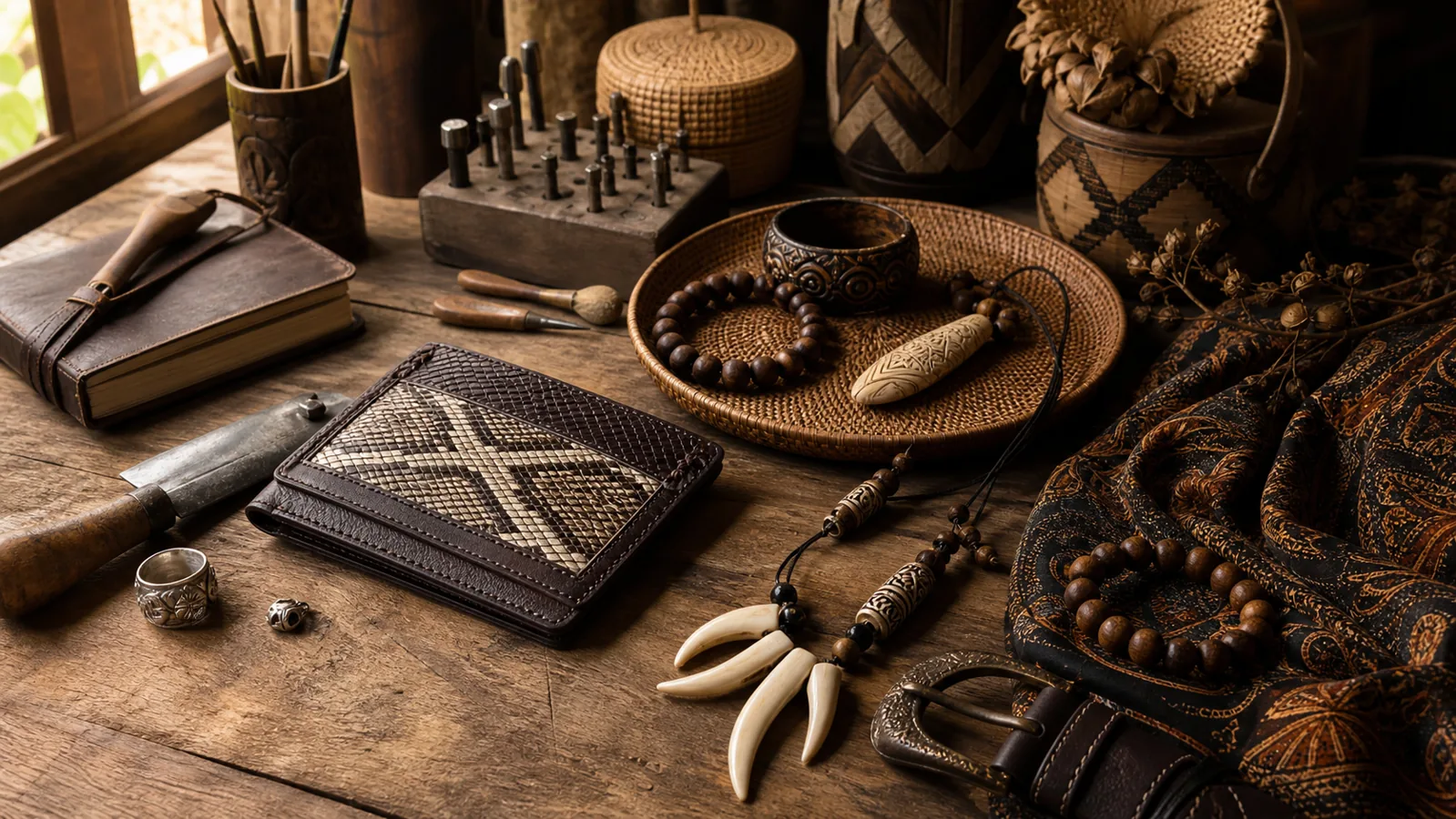 Indonesian artisan workbench with handmade exotic leather wallet, wood bracelet, natural necklace, and craft tools