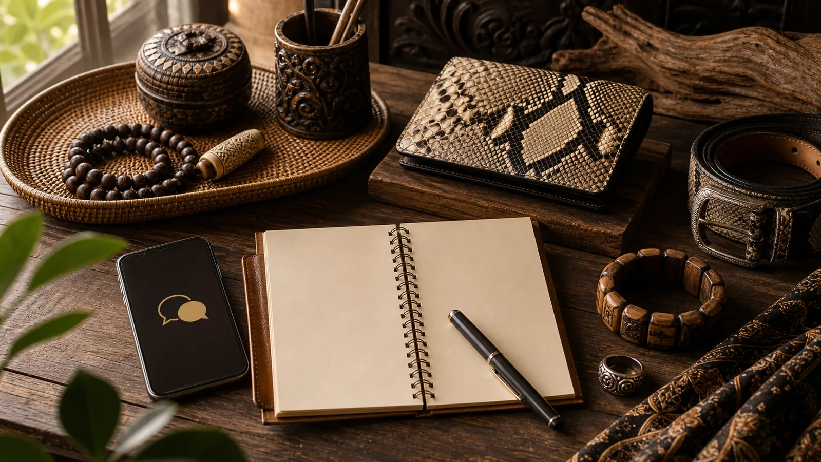 Notebook, phone, and handmade exotic leather accessories for international buyer support