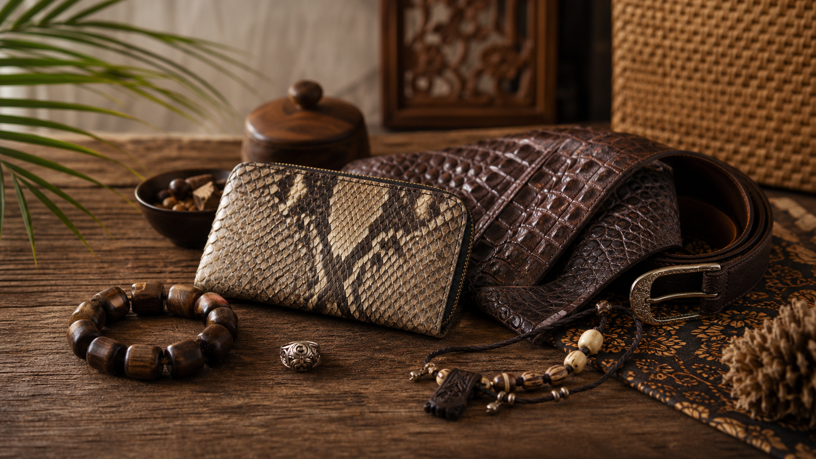 Handmade exotic natural products from Indonesia including python wallet, leather belt, wood bracelet, ring, and natural necklace